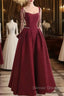 Wine Red Satin Straps Long Party Dress, Wine Red Floor Length Formal Dress Prom Dress