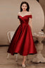 Wine Red Satin Tea Length Bridesmaid Dress Party Dress, Burgundy Satin Homecoming Dress