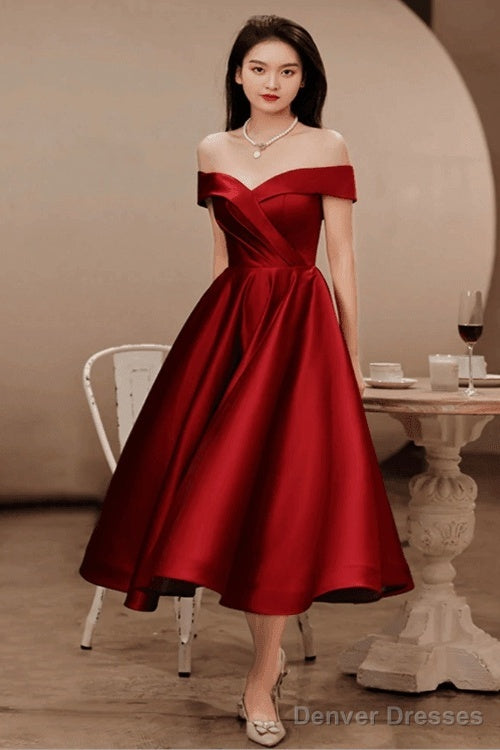 Wine Red Satin Tea Length Bridesmaid Dress Party Dress, Burgundy Satin Denver Dresses Wine Red Satin Tea Length Bridesmaid Dress Party Dress, Burgundy Satin Denver Dresses