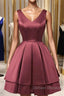 Wine Red Satin V-Neckline Short Party Dress, Wine Red Homecoming Dress