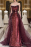 Wine Red Sequins Long Party Dress With Tulle, Wine Red Long Formal Dress Prom Dress