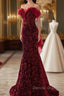 Wine Red Sequins Mermaid Long Party Dress, Off Shoulder Sweetheart Prom Dress
