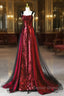 Wine Red Sequins With Black Tulle Straps Long Party Dress, Wine Red Sequins Prom Dress