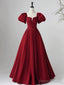 Wine Red Short Sleeves A-line Floor Length Party Dress, Long Prom Dress