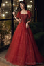 Wine Red Short Sleeves Tulle With Lace Long Party Dress, Wine Red Prom Dress