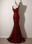 Wine Red Straps Sweetheart Mermaid Long Party Dress, Wine Red Sequins Prom Dress