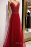 Wine Red Straps V-Neckline Lace Applique Long Prom Dress, Dark Red Formal Dress