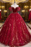 Wine Red Tulle Ball Gown Beaded Sweetheart Party Dress, Wine Red Prom Dress
