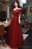 Wine Red Tulle Off Shoulder Floor Length Party Dress, Wine Red Long Prom Dress
