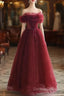 Wine Red Tulle Sequins Long Off Shoulder Party Dress, Wine Red Tulle Prom Dress