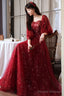 Wine Red Tulle Shiny Tulle Puffy Sleeves Prom Dress, Wine Red Long Party Dress