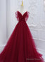 Wine Red Tulle V-Neckline Long Party Dress, Wine Red Tulle Prom Dress
