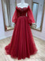 Wine Red Tulle With Puffy Sleeves Long Party Dress, Wine Red Prom Dress