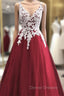 Wine Red Tulle With White Lace V-Neckline Prom Dress, Wine Red Long Evening Dress