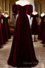 Wine Red Velvet A-Line Simple Party Dress, Wine Red Velvet Long Prom Dress