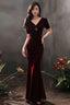 Wine Red Velvet Beaded Short Sleeves Long Party Dress, Wine Red Mermaid Prom Dress