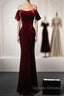 Wine Red Velvet Off Shoulder Long Mermaid Prom Dress, Wine Red Velvet Eveing Dress