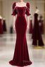 Wine Red Velvet Short Sleeves Long Prom Dress, Wine Red A-Line Evening Dress