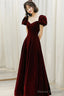 Wine Red Velvet Sweetheart Long Party Dress, A-Line Wine Red Prom Dress