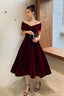 Wine Red Velvet Tea Length Chic Off Shoulder Party Dress, Burgundy Prom Dresses