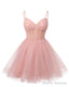 Womens V Neck Tulle Spaghetti Straps Homecoming Dresses with Corset Back Short Prom Gowns for Teens