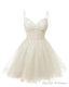 Womens V Neck Tulle Spaghetti Straps Ivory Homecoming Dresses with Corset Back Short Prom Gowns for Teens