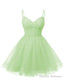 Womens V Neck Tulle Spaghetti Straps Mint Green Homecoming Dresses with Corset Back Short Prom Gowns for Teens