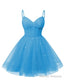 Womens V Neck Tulle Spaghetti Straps Ocean Blue Homecoming Dresses with Corset Back Short Prom Gowns for Teens