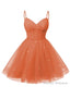 Womens V Neck Tulle Spaghetti Straps Orange Homecoming Dresses with Corset Back Short Prom Gowns for Teens