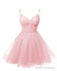 Womens V Neck Tulle Spaghetti Straps Pink Homecoming Dresses with Corset Back Short Prom Gowns for Teens