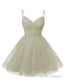 Womens V Neck Tulle Spaghetti Straps Silver Homecoming Dresses with Corset Back Short Prom Gowns for Teens