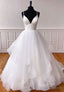 Plunging V-Neck Tulle Long Prom Dresses, White Evening Dresses