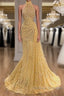 Yellow Evening Dress Long High Neck Sparkly Feather Luxury Bling Evening Gown Formal Prom Dress