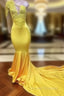 Yellow Robe De Soiree Mermaid One-Shoulder Long Sleeves Lace Beaded Sexy Long Prom Dress Prom Gown Evening Dress