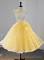 Yellow Tulle Lace Flower Tea Length Homecoming Dress