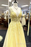 Yellow V Neck Tulle Lace Prom Dress Evening Dress