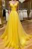 Yellow v neck tulle long prom Dress yellow formal Dress