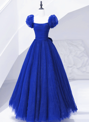Prom Dresses 2037 Short, Royal Blue Scoop Tulle Short Sleeves Long Prom Dress, Royal Blue A-Line Party Dress