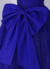 Prom Dress 3 20 Sleeves, Royal Blue Scoop Tulle Short Sleeves Long Prom Dress, Royal Blue A-Line Party Dress
