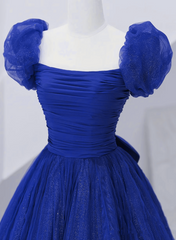 Prom Dress Graduacion, Royal Blue Scoop Tulle Short Sleeves Long Prom Dress, Royal Blue A-Line Party Dress