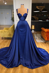 Bridesmaid Dresses Fall Color, Chic Royal Blue Straps Sweetheart Prom Dress Overskirt With Detachable Train