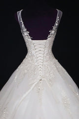 Wedding Dresses Websites, 2024 A Line Wedding Dresses, Scoop Tulle With Applique And Beads Lace Up