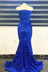 Bridesmaid Dresses Fall Color, Royal Blue Sequins Strapless Mermaid Long Prom Dress