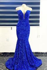 Bridesmaids Dresses Fall Colors, Royal Blue Sequins Strapless Mermaid Long Prom Dress