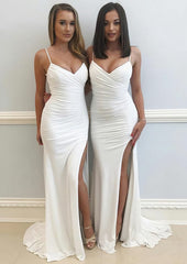 Bridesmaids Dresses Color, Sheath/Column Sweetheart Sleeveless Sweep Train Jersey Prom Dress With Split Pleated
