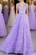 Lavender Plunging V Neck Appliques Layers Long Prom Dress with Slit