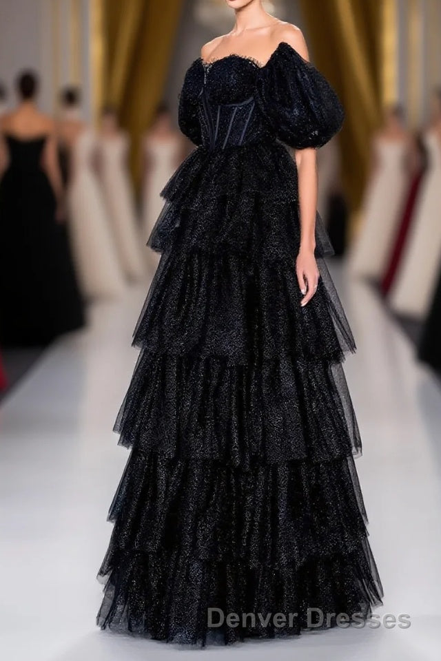 Saprkly Black Off-Shoulder Puff Sleeves Layers Long Prom Dress Main image