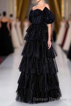Saprkly Black Off-Shoulder Puff Sleeves Layers Long Prom Dress