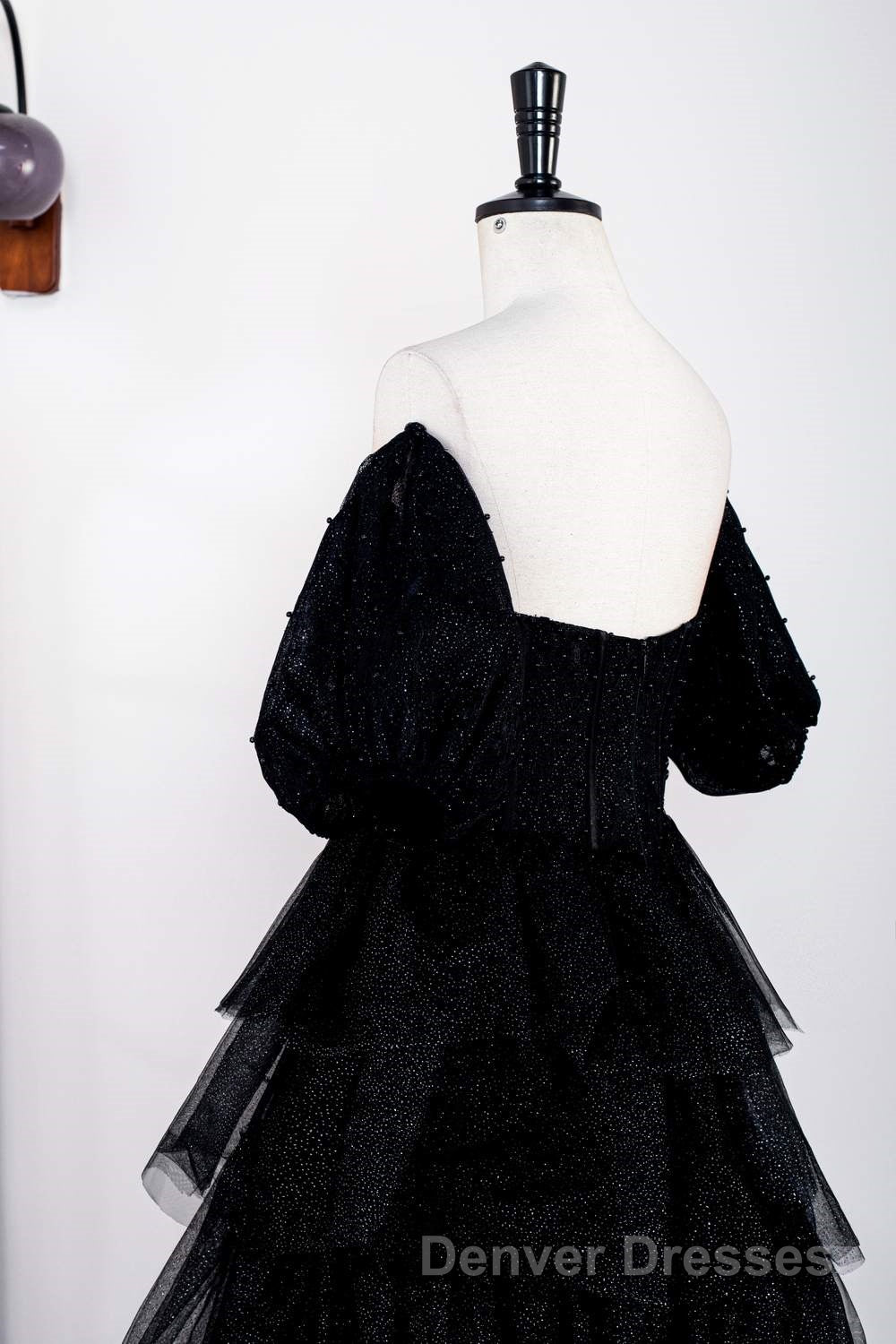Saprkly Black Off-Shoulder Puff Sleeves Layers Long Prom Dress