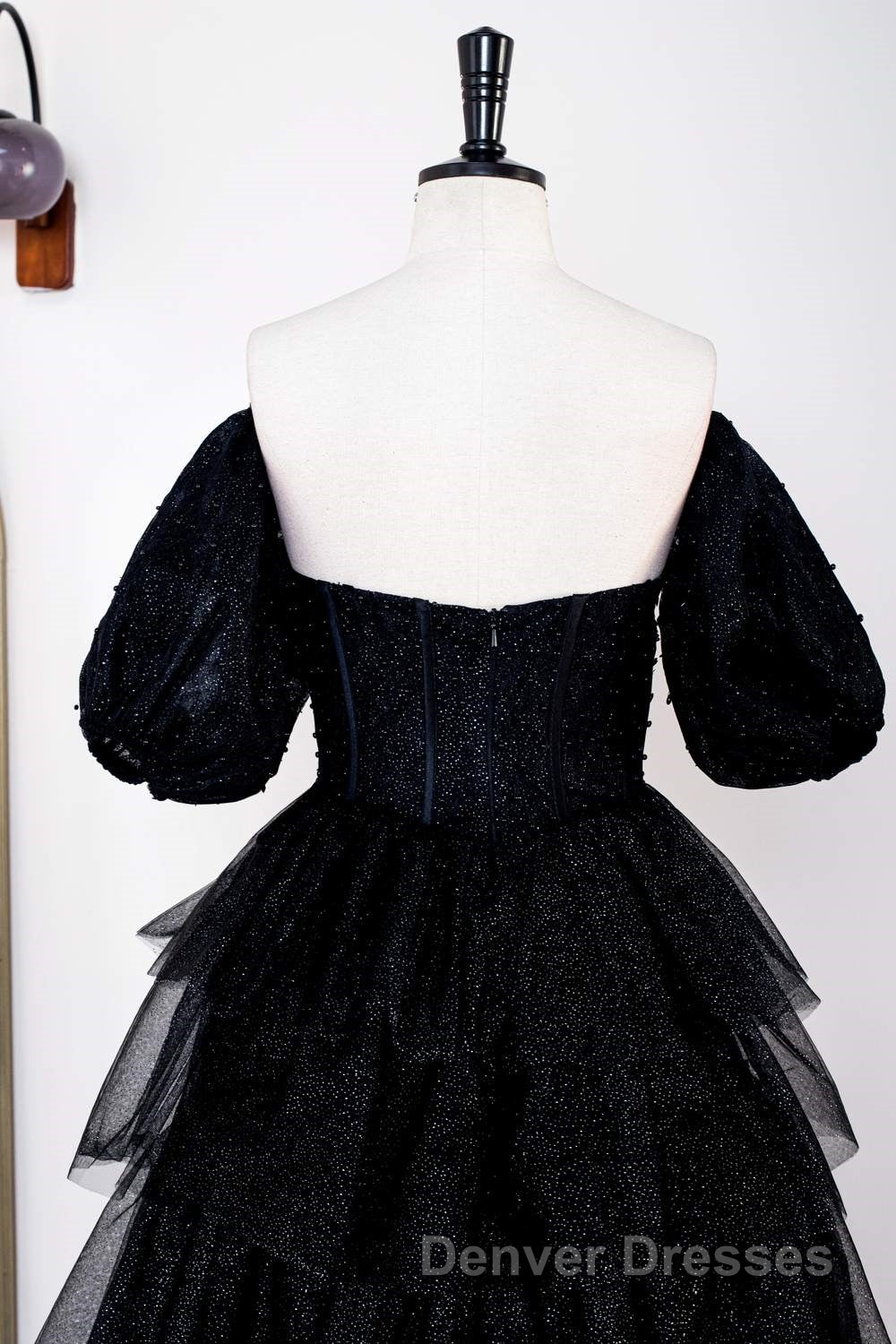 Saprkly Black Off-Shoulder Puff Sleeves Layers Long Prom Dress